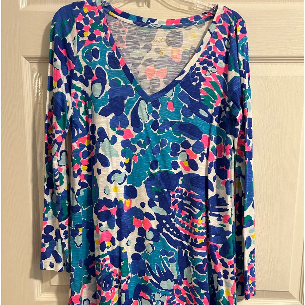 Lily Pulitzer 3/4 sleeve cotton dress, multi color blues and pinks